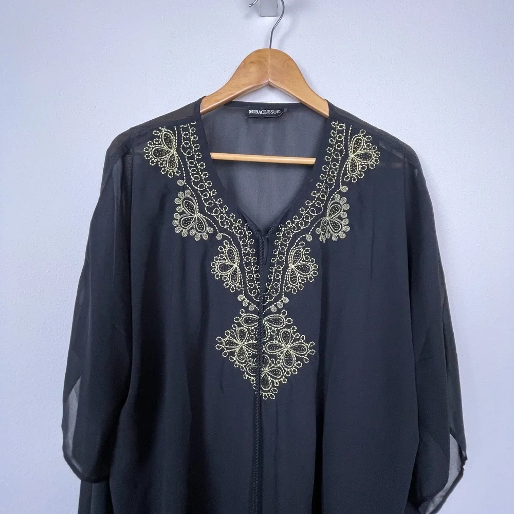 Miraclesuit Black‎ Sheer Boho Cover-Up Tassels Embroidered Size S Oversized